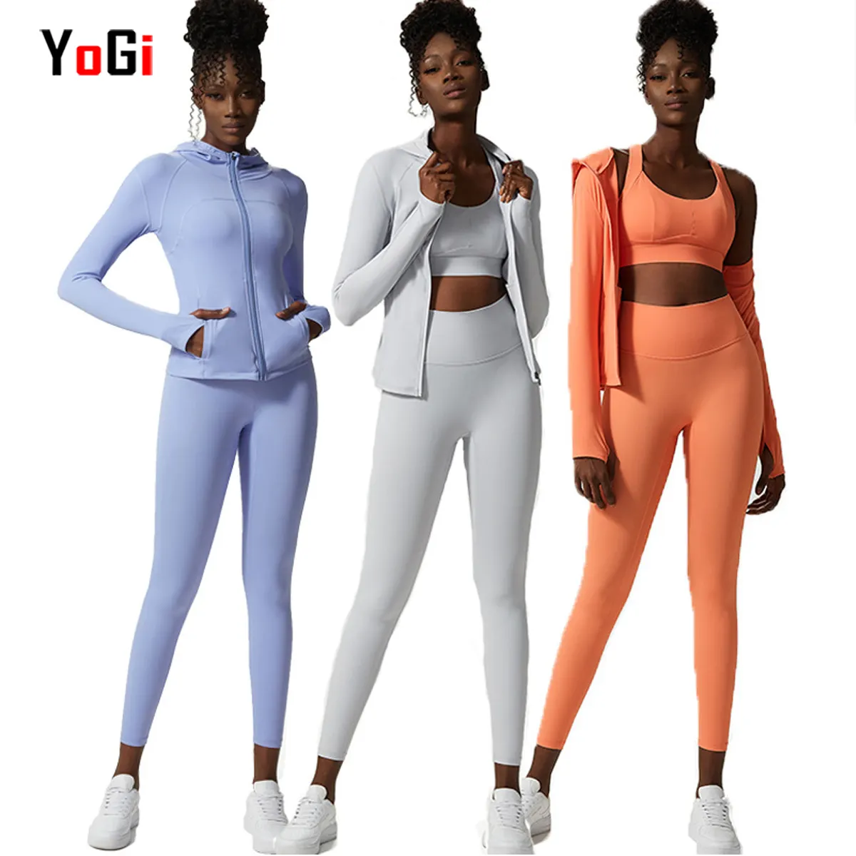 Toptan özel sıcak moda Slim Fit Blazer aktif egzersiz kıyafeti 3 adet kızlar eşofman Yoga spor seti kadınlar için Hoodies
