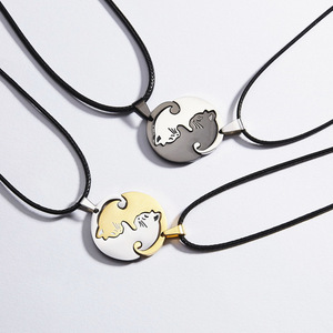 Collana pendente animale in acciaio inossidabile alla moda Yin Yang nero bianco gatto abbraccio coppia placcato oro per gli stili di san valentino - Product Image 6