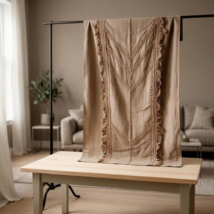 Rustic Bohemian Linen Throw Curtain Abstract Geometric Pattern Handstitched Fringe Home Decor Lightweight Woven Style - Product Image 3