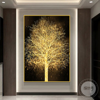 Peinture d'arbre à argent doré, art mural décoratif pour entrée, salon et couloir, décoration murale porte-bonheur et attirant la richesse