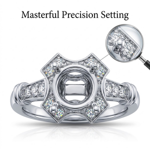 Bague de fiançailles semi-montée en or blanc 18 carats avec tête d'étoile pavée, diamant rond, bande conique ornée, monture vintage, vente en gros, MOQ 1 - Product Image 2