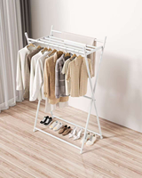 Séchoir à linge pliable à double niveau sur pied en métal triangulaire avec étagère de rangement pour chaussures, portable, intérieur/extérieur, gain de place