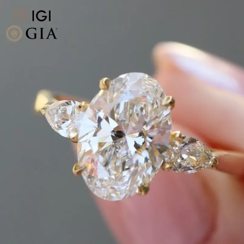 Anel de noivado Gia Igi Certificado Cvd Lab Crescido Criado Diamante Oval Corte Três Pedras Oval 1 2 3 Ct Carat Joias para Mulheres