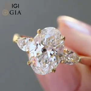 Gigi certificata Cvd Lab creato diamante oro reale taglio ovale tre pietra anello di fidanzamento 1 2 3 carati gioielli da donna