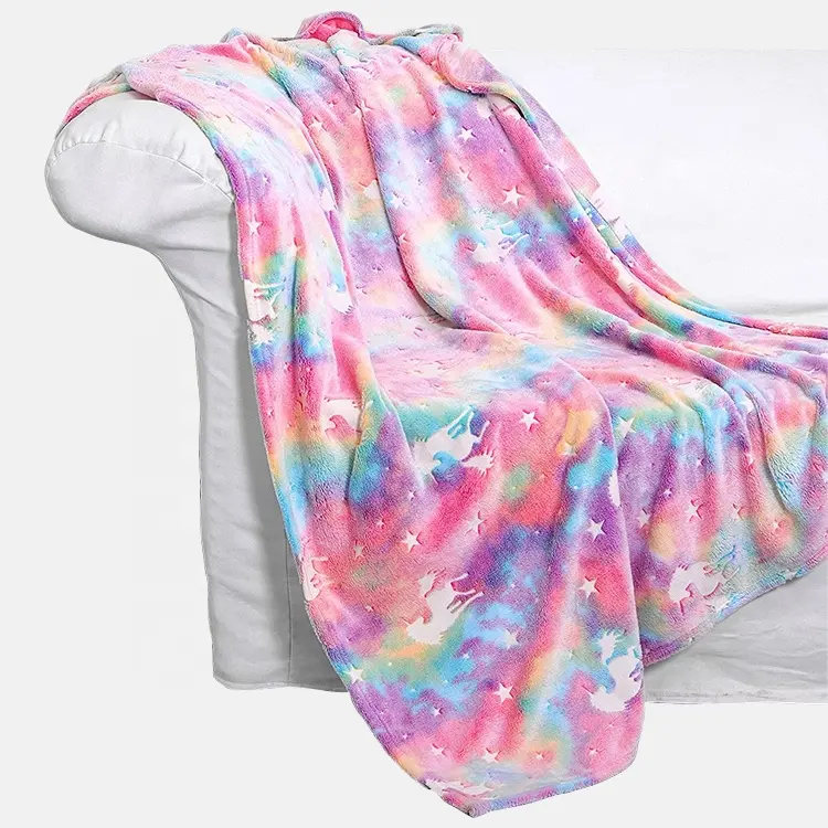 Manta de unicornio luminosa de arcoíris para bebé, manta de franela que brilla en la oscuridad