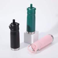 Botella de agua de 550ml y 650ml con asa de transporte, tapa abatible con pajita, correa de mano, vaso térmico, termo, copa para gimnasio