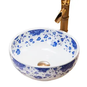 China Supplier Round Handmade Porcelain Wash Basin Bathroom Wash Basin Sink Blue And White Counter Top Ceramic Round Wash Basin