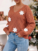 Pull ample et doux pour femme 2026, col en V, tricot torsadé, appliques flocons de neige au crochet, manches lanternes, style vintage, 100% coton