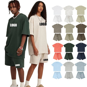 T-shirt da <span class=keywords><strong>uomo</strong></span> personalizzata 305G pesante 100% cotone lavata a maniche corte t-shirt estiva piccola scollatura 440G <span class=keywords><strong>pantaloncini</strong></span> pesanti coppia Set - Product Image 1