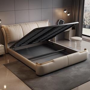 Villa italienne Lit double en cuir de luxe Chambre à coucher principale King Queen Rangement de lit en cuir souple haut de gamme Meubles multifonctions - Product Image 4