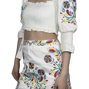 Nouvel ensemble deux pièces décontracté Bohème : Gilet brodé et mini-jupe, haut smocké sexy - Product Image 2