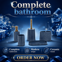 Ensemble d'accessoires de salle de bain en résine, 5 pièces, bleu marine et blanc, rayures verticales, kit d'accessoires de bain, poignée aspect bois, décoration pour hôtel et maison