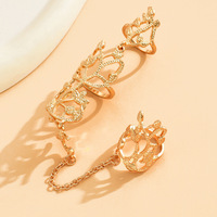 Tempérament creux géométrique longue chaîne Double bagues pour femmes 18K plaqué or alliage Grain fleur feuille bagues