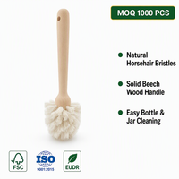 Brosse de nettoyage de cuisine en crin de cheval naturel, manche en bois de hêtre, brosse à poils ronds pour bouteilles, vases, tasses