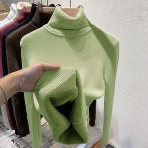 Pull à col roulé en velours épais pour femmes, mode coréenne, doublé, chaud, tricoté, pull fin, haut d'hiver, jersey tricoté, pull - Product Image 5