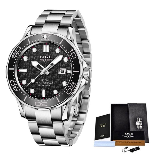 LIGE LG8936 Watches for Men Classic Rotatable Bezel Men's Cuff Watches Full Stainless Steel Luminous Hands Wristwatch With Box