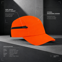 Groothandel op maat gemaakte logo oranje 5-panel tech cap met zijritszak, utility sport pet, fabrieksprijs, geschikt voor hardlopen