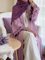 Ensemble Abaya Zifeng OEM à devant ouvert avec hijab assorti, manches décorées de dentelle, coupe ample, longue, tenue quotidienne modeste pour femme
