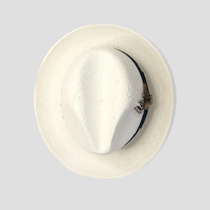 unisex's White Straw Fedora Hat, Short Brim Panama Hat with Navy Blue Ribbon & Feather, Breathable Summer Sun Hat for Men - Product Image 5
