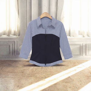 Blusa Casual de Mujer con Botones, Estampado a Cuadros Vintage, Transpirable, Media Manga, Cierre Frontal con Cremallera, Contraste de Color, Ajuste Regular, Tejido de Primavera - Product Image 2
