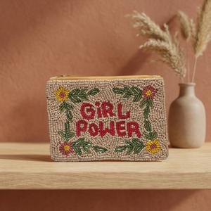 Bolso de mano bordado Girl Power con detalles florales y cierre de cremallera para mujer, con detalles decorativos de esculturas - Product Image 1