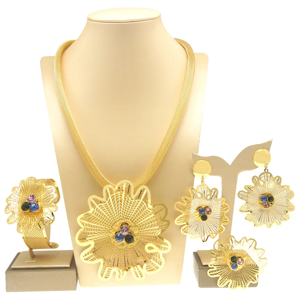 Yulaili Fashion 24K Gold Plated Jewelry Sets Flower Design Necklace Bangle Brazilian Gold Plated Costume Accessories