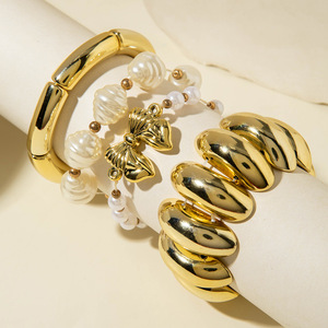 European American Jewelry Fashion Liquid Pleated Metal <strong>Large</strong> Wide Gold <strong>Bracelet</strong> Irregular <strong>Beaded</strong> Geometric <strong>Bracelet</strong> Wholesale - Product Image 1