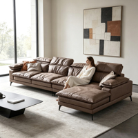 Canapé d'angle en cuir marron, aspect cuir, avec appui-tête réglable, pour salon moderne