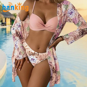 Ehanking Bikini Set <strong>Women's</strong> Sexy Floral Printed Bra <strong>Shorts</strong> and Cover up Bikini Suits <strong>Swimsuit</strong> Three Pieces Sets - Product Image 2