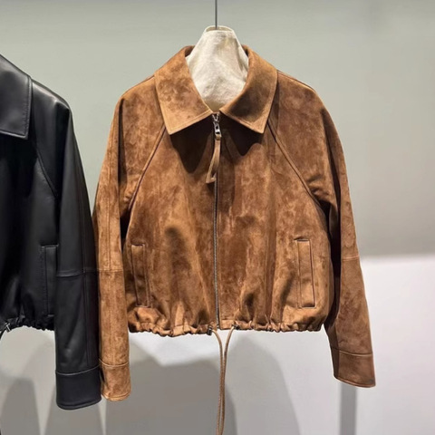 523 New Arrival High End Suede Leather Cropped Coat Genuine Sheepskin Leather Jacket with Drawstring Hem for Women Coat