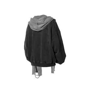 Vintage Washed Two Tone Hoodie Detachable Ripped <b>Scarf</b> Oversized Distressed Raw Edge Pullover Custom Logo Street Sweatshirt - Product Image 2