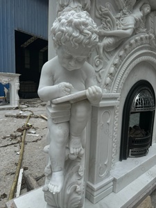 Cheminée classique en marbre blanc sculpté à la main avec manteau de cheminée, ange chérubin, cadre européen en fonte pour décoration de villa de luxe et hôtel - Product Image 5