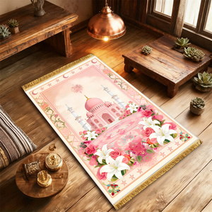 Alfombra de Oración <span class=keywords><strong>Rosa</strong></span> de Terciopelo con Diseño Floral Estampado, con Borla, Antideslizante y Plegable - Product Image 4