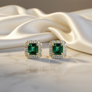 Pendientes de Diamantes con Corte Esmeralda en Oro E2523 con Piedra Central Verde Oscuro de Fantasía, Estilo Clásico para Mujer - Product Image 2