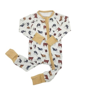 Niedliche Baby Stram pler benutzer definierte Druck muster Baby kleidung setzt Bambus Reiß verschluss Baby kleid - Product Image 1