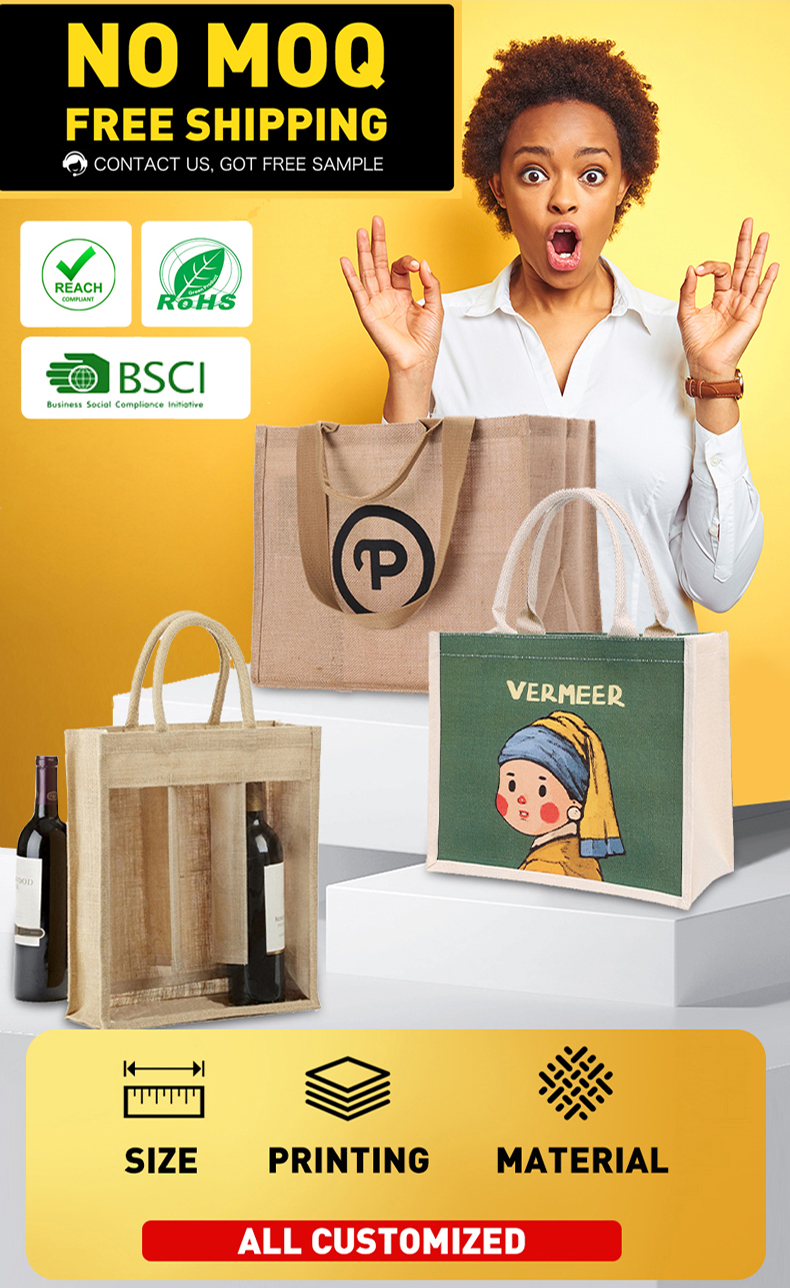 Reusable and Eco-friendly Jute bag custom logo printing jute tote bag heavy duty jute bag custom