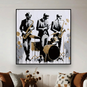 Pintura al Óleo Moderna de Banda de Jazz sobre Lienzo con Detalles en Dorado para Ramadán y Bodas, Arte Pop con Marco de Madera, Pintura Decorativa de Pared - Product Image 2