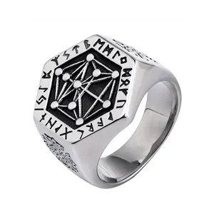 北欧维京戒指男士不锈钢奥丁符文素食图腾护身符印戒指北欧珠宝