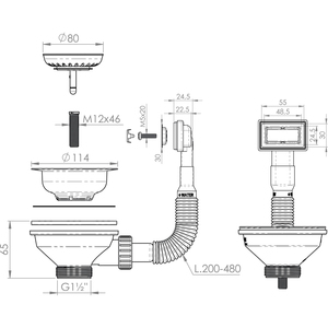 Évier simple anthracite pour cuisine avec 2 trous 90 CTP rectangulaire 1 1/2\" X 114 mm en granit composite SUS304 - Product Image 3