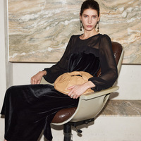 Robe Midi Luxueuse en Velours de Soie de Mûrier 100% pour Femme, Élégante, Vintage, Col Rond, Manches Longues, Taille Haute, Coupe Évasée 2026