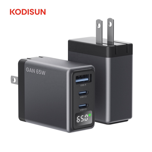 Compact 65W GaN Charger Digital Display Fast USB C Wall Travel Charger for Laptop Phones CE KC ROHS FCC CB OTP OVP Protection
