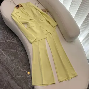 New Designed Lady Office Basic Solid Suit Single Button Slim Fitted Blazer Loose Flared Pants Women 2Pcs Yellow