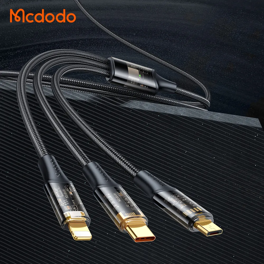 Mcdodo Fast Charging Cables Cords 3in1 Clear Case Gold Plated Nylon Braided 100W 6A Multi Charger Cable for iPhone Oppo Xiaomi