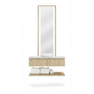 Modern Wall <b>Vanity</b> Double Ceramic Basin Smart Mirror Cabinet Stainless Steel Drainer Single Hole Wood Grain <b>Light</b> Finish - Product Image 1