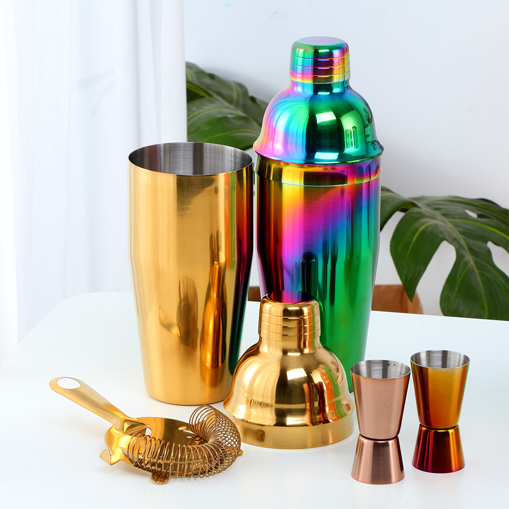 Bar Tools Bartender Colorful Stainless Steel Martini Gold Cocktail Shaker Set With Measuring Cup and Ice Filter