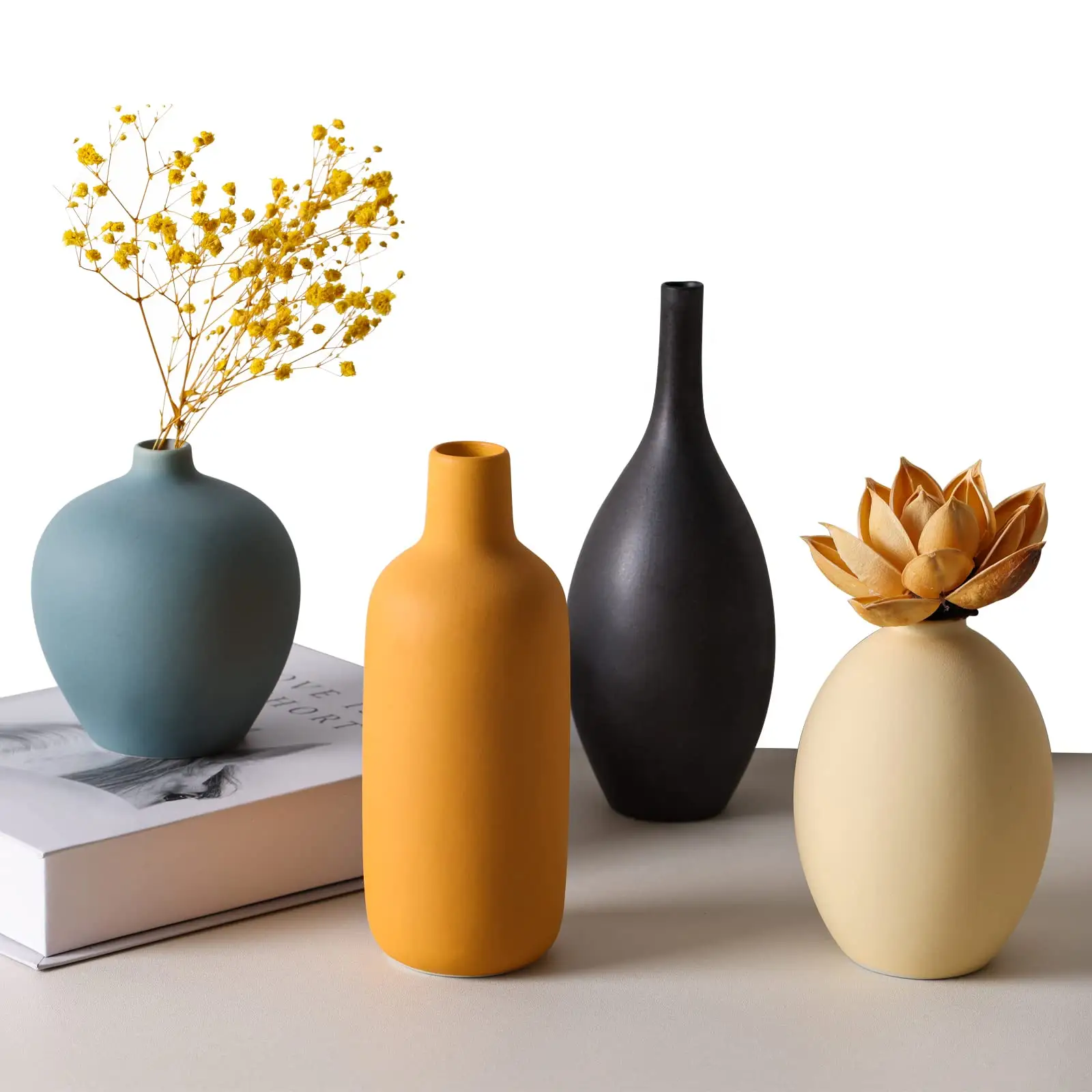 Dried Flowers&Pampas Grass Small Ceramic Vase Set of 4 for Modern Farmhouse Decor