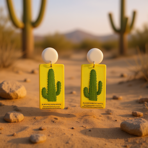 Orecchini rettangolari dipinti Angelina, design cactus giallo-verde, orecchini pendenti, gioielli moda stile bohémien da donna - Product Image 2