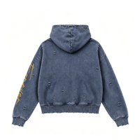 Sweat à capuche épais délavé et vieilli, coupe courte, effet délavé à l'acide, bords effilochés, streetwear, brodé