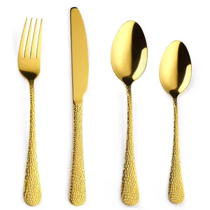 Factory Wholesale Stainless Steel Knife Spoon Fork Flatware High Quality Wedding Hammered Cutlery Set Gold