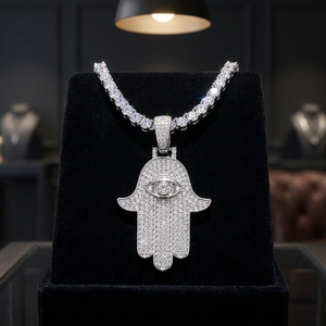 925 Sterling <b>Silver</b> Moissanite Hamsa <b>Pendant</b> Iced Out Round Brilliant Claw Set Hip Hop Necklace <b>for</b> <b>Men</b> Women everyday wear - Product Image 1